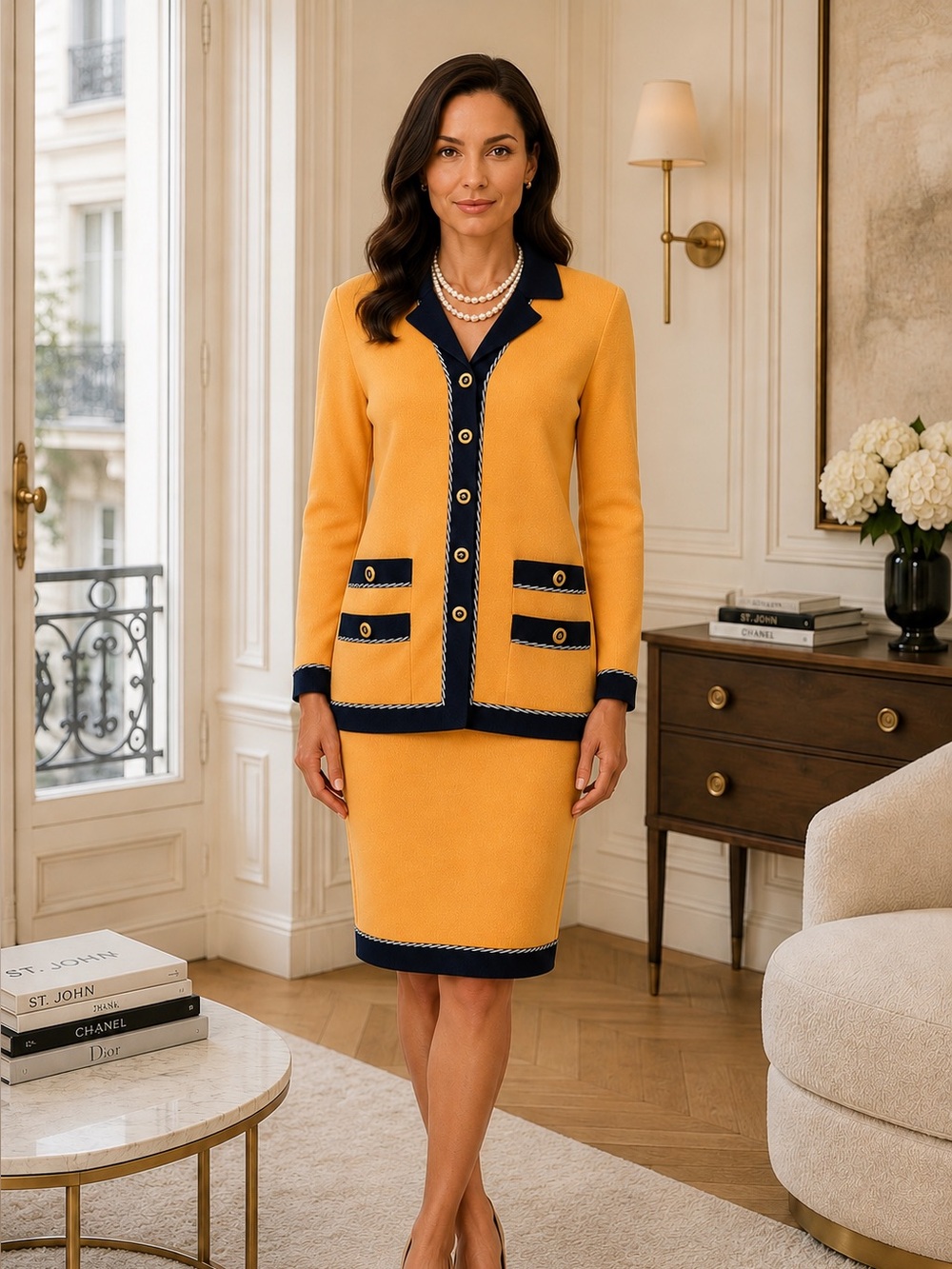 St. John Collection Santana Knit Colorblock Skirt Suit – Yellow & Navy – Size M - Picture 7 of 10